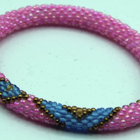 Set of 2 Pink, Blue Pattern Roll Over Handmade Glass Beaded Crochet Bracelet - Picture 5 of 8